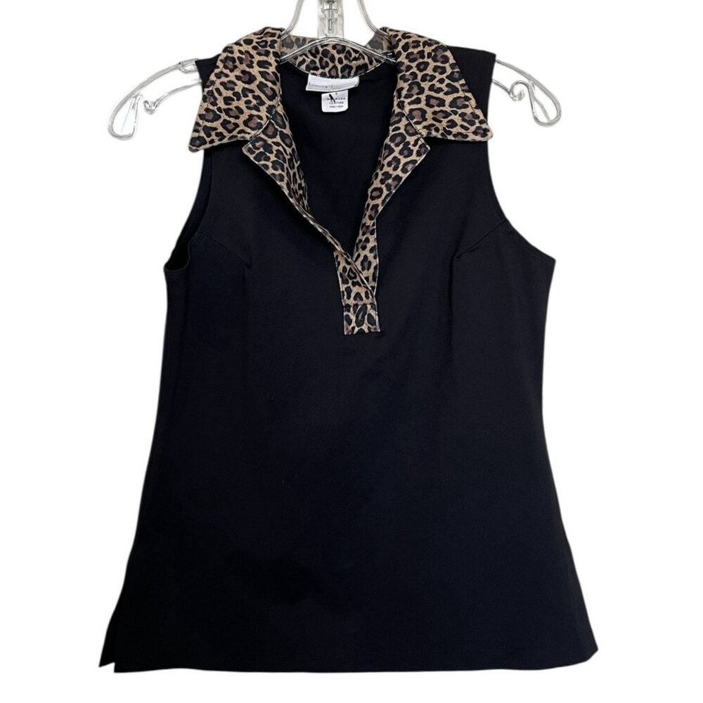 Tracey Lynn Golf Tank Top Womens Size Small Leopard Collar Black V Neck
